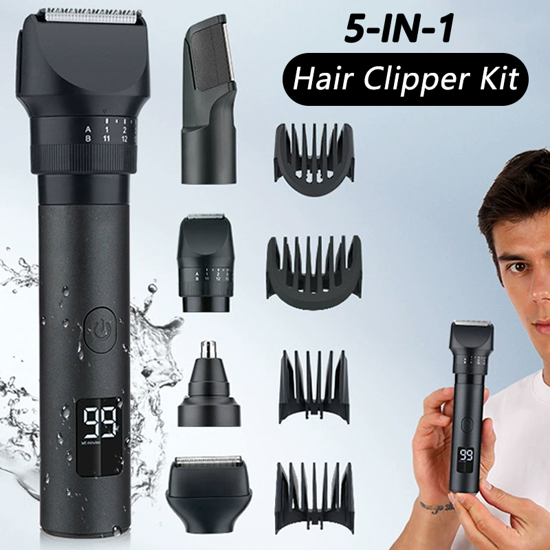 Men'S Grooming Nose Hair Trimmer - 5-in-1 Kabelloser Haarschneider mit LED-Display, Bart-/Nasentrimmer